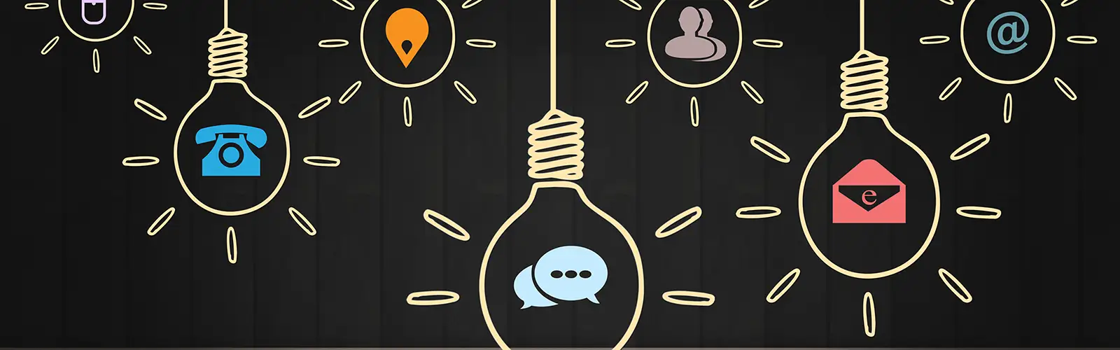 Illustration of glowing light bulbs, each with a different communication icon inside—phone, map pin, person, email, chat bubbles, and at sign—on a dark background, symbolizing ideas and neurofeedback as innovative ways of connecting.