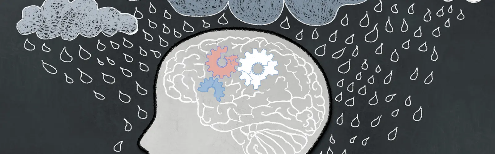 Illustration of a human head profile with a brain and interlocking gears inside, symbolizing neurofeedback. Above the head, chalk-drawn rain clouds and raindrops evoke themes of mental health or emotional processing on a blackboard background.