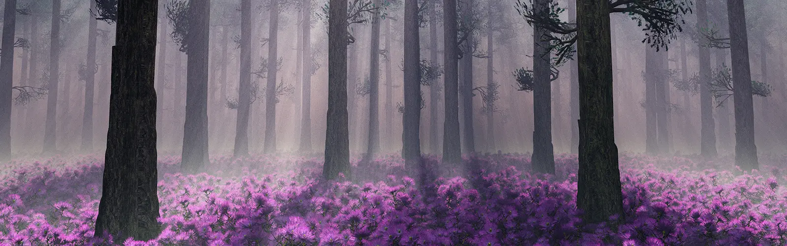 A misty forest with tall, dark tree trunks stands amid a dense carpet of bright purple flowers. Light fog drifts between the trees, creating a mysterious, enchanting atmosphere—like nature’s own neurofeedback for the senses.