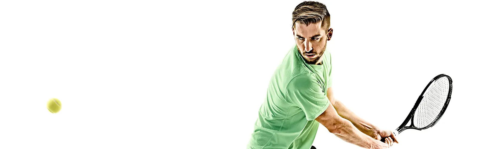 A man in a light green shirt, demonstrating intense neurofeedback-driven focus, prepares to hit a tennis ball with a black racket. The airborne ball stands out on the left side of the image against a white background.